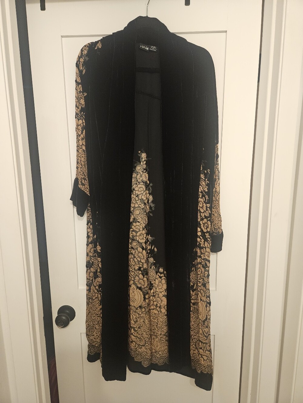 Long Black and Gold Floral Robe—Elegant Women's Lounge Wrap